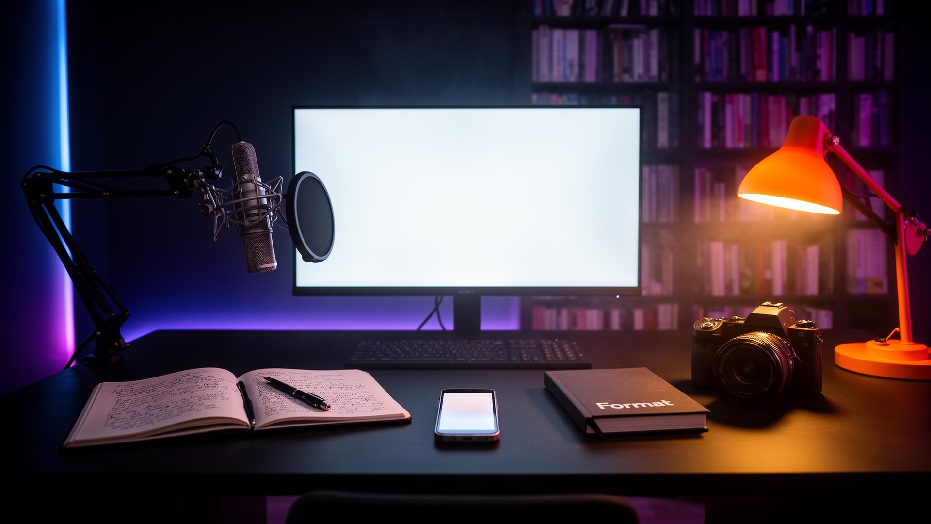 Studio creativo di Lorenzo Muto: scrivania con monitor, microfono, telecamera, smartphone, taccuini, lampada e libreria